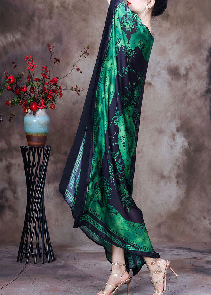Loose Green O-Neck Asymmetrical Design Print Silk Beach Dress Gown Batwing Sleeve - Image 3