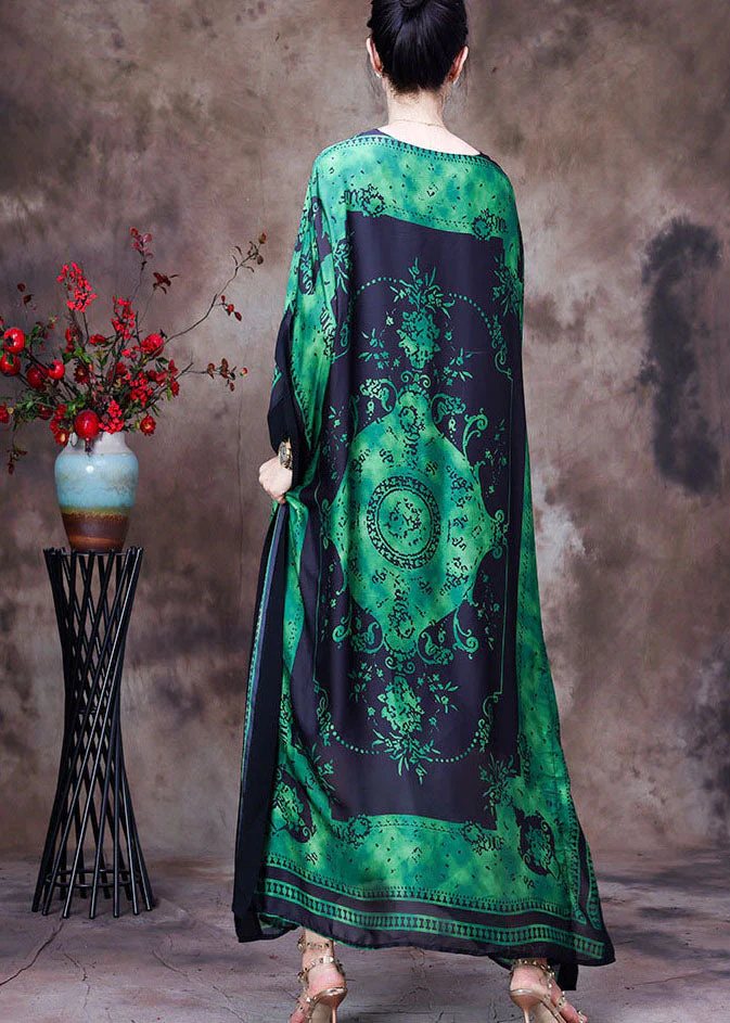 Loose Green O-Neck Asymmetrical Design Print Silk Beach Dress Gown Batwing Sleeve - Image 4