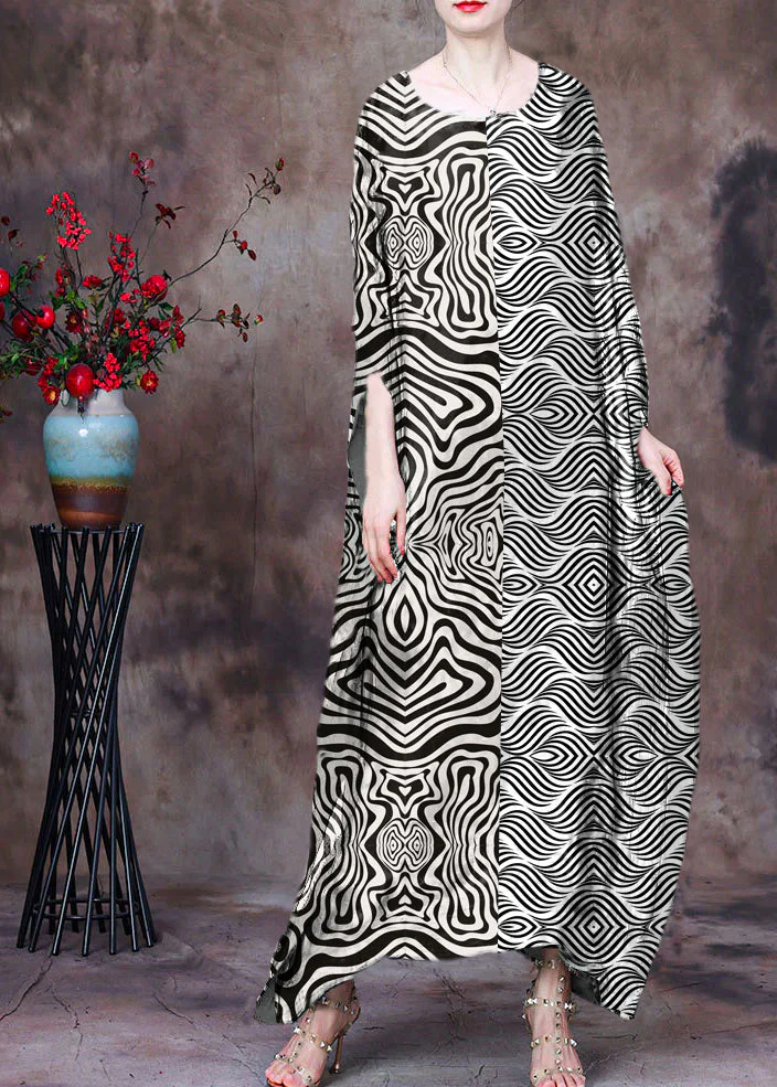 Loose Green O-Neck Asymmetrical Design Print Silk Beach Dress Gown Batwing Sleeve - Image 6