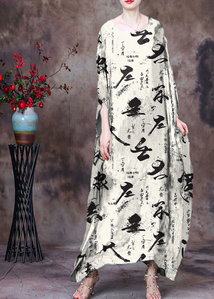 Loose Green O-Neck Asymmetrical Design Print Silk Beach Dress Gown Batwing Sleeve - Image 7