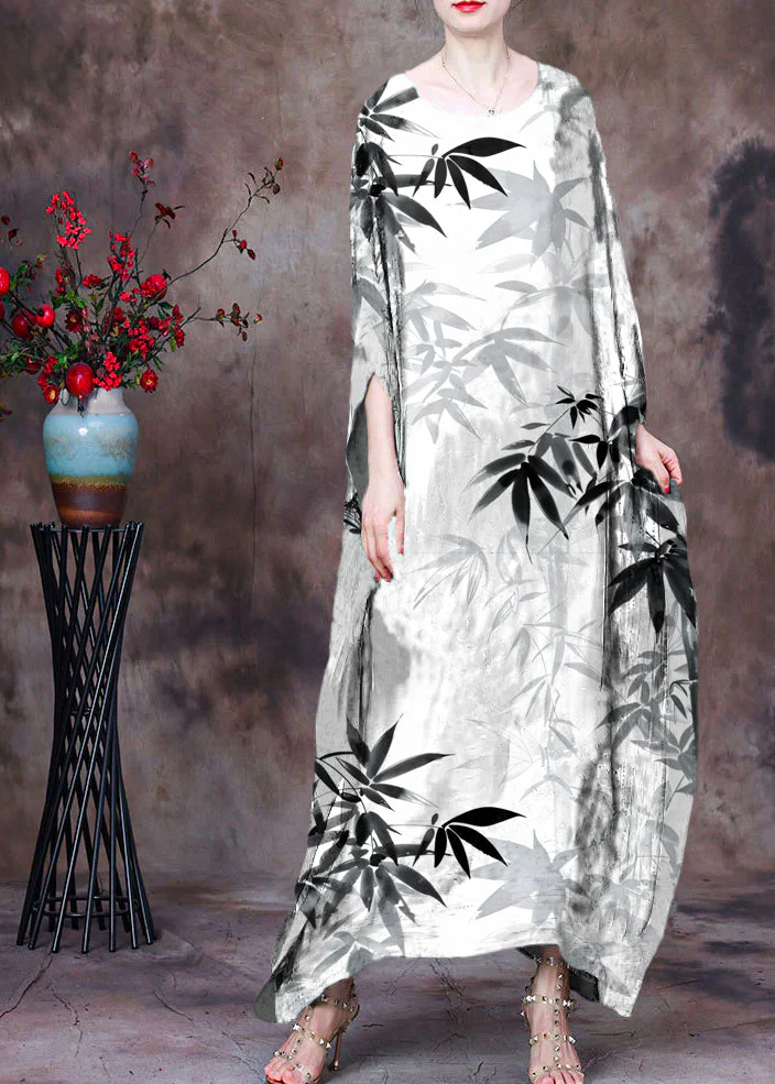 Loose Green O-Neck Asymmetrical Design Print Silk Beach Dress Gown Batwing Sleeve - Image 8