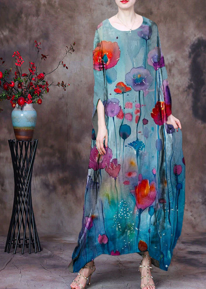 Loose Green O-Neck Asymmetrical Design Print Silk Beach Dress Gown Batwing Sleeve - Image 9