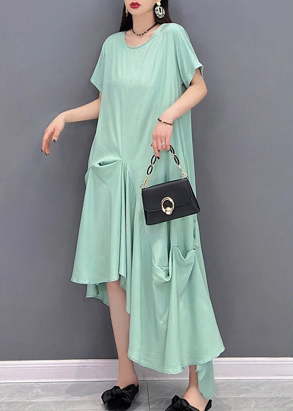 Loose Green O-Neck Asymmetrical Pockets Dress Short Sleeve - Image 2