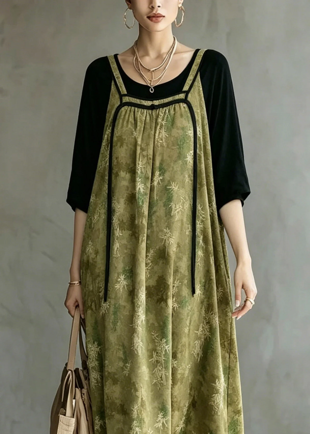 Loose Green O-Neck Patchwork Fake Two-Piece Long Dresses Half Sleeve - Image 2