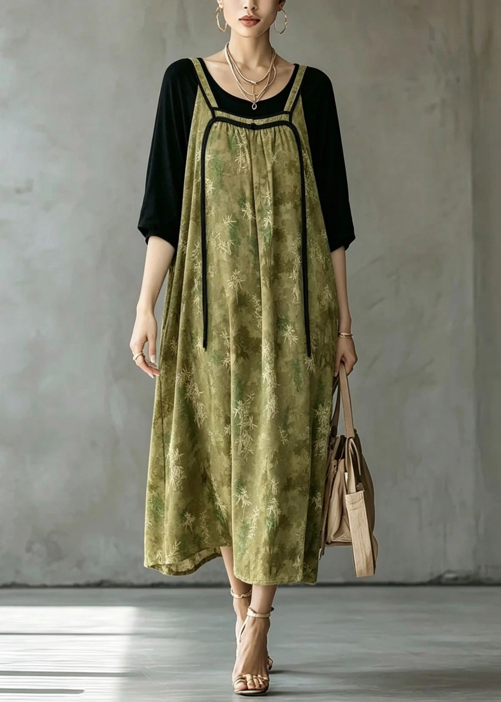 Loose Green O-Neck Patchwork Fake Two-Piece Long Dresses Half Sleeve - Image 3