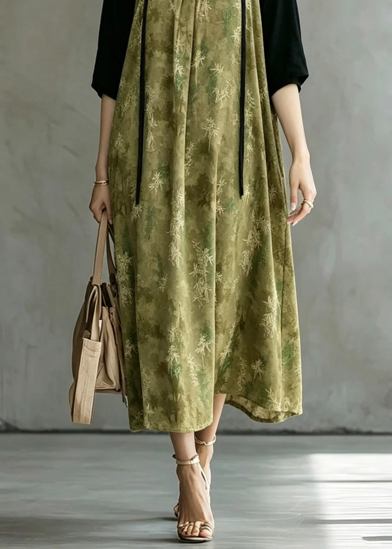 Loose Green O-Neck Patchwork Fake Two-Piece Long Dresses Half Sleeve - Image 4