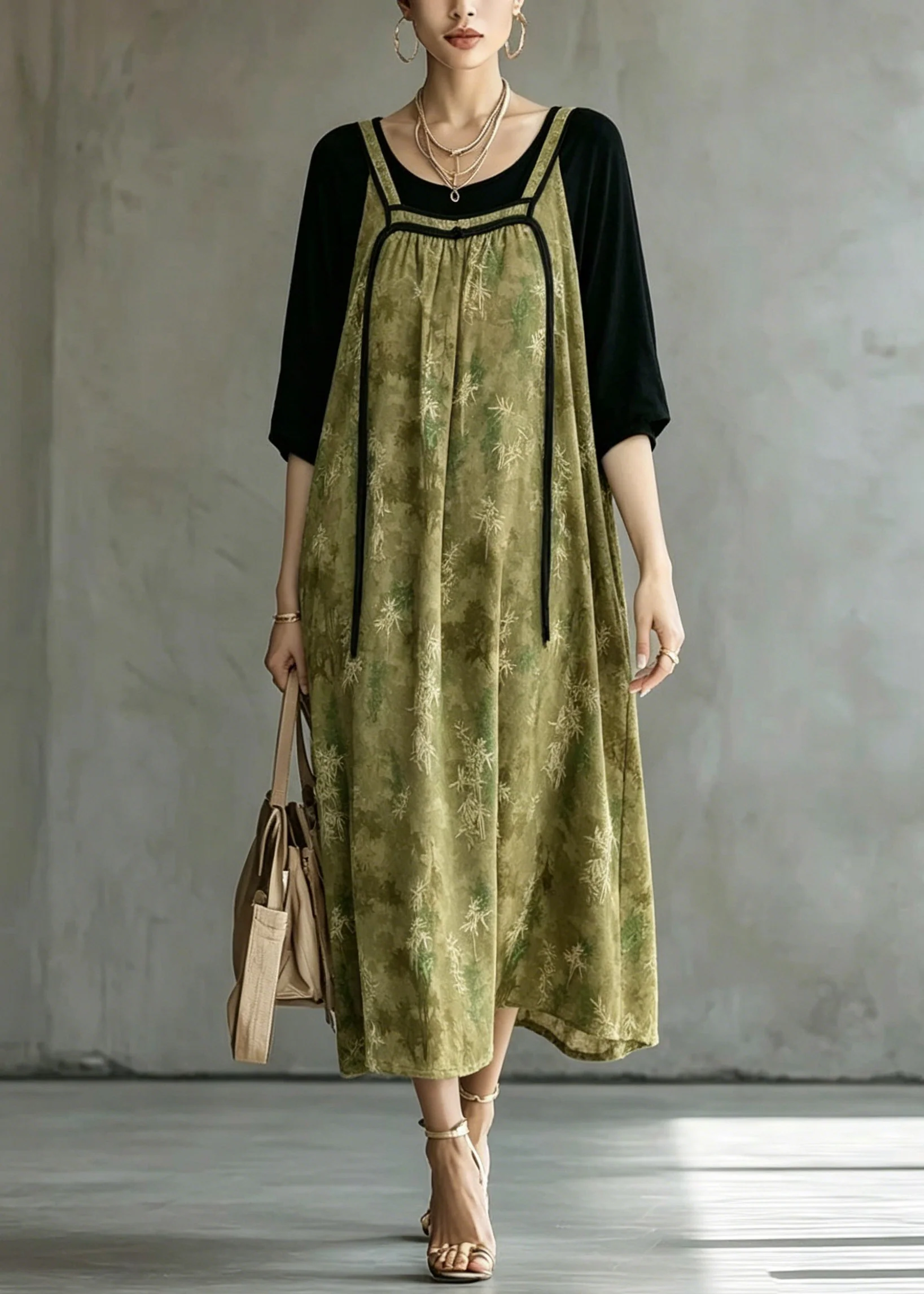 Loose Green O-Neck Patchwork Fake Two-Piece Long Dresses Half Sleeve - Image 5