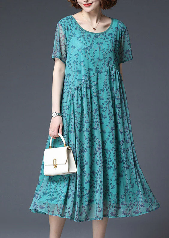 Loose Green O-Neck Print Chiffon Long Dress Short Sleeve - Image 2