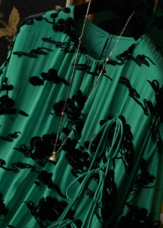 Loose Green O Neck Print Lace Up Cotton Robe Dresses Fall - Image 2