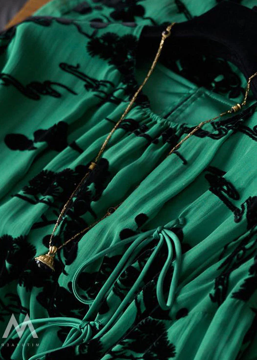 Loose Green O Neck Print Lace Up Cotton Robe Dresses Fall - Image 3