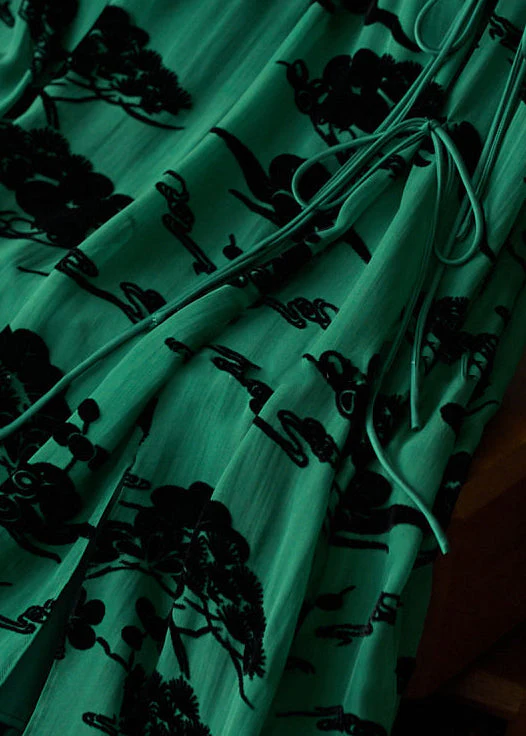 Loose Green O Neck Print Lace Up Cotton Robe Dresses Fall - Image 4