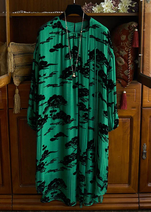Loose Green O Neck Print Lace Up Cotton Robe Dresses Fall - Image 5