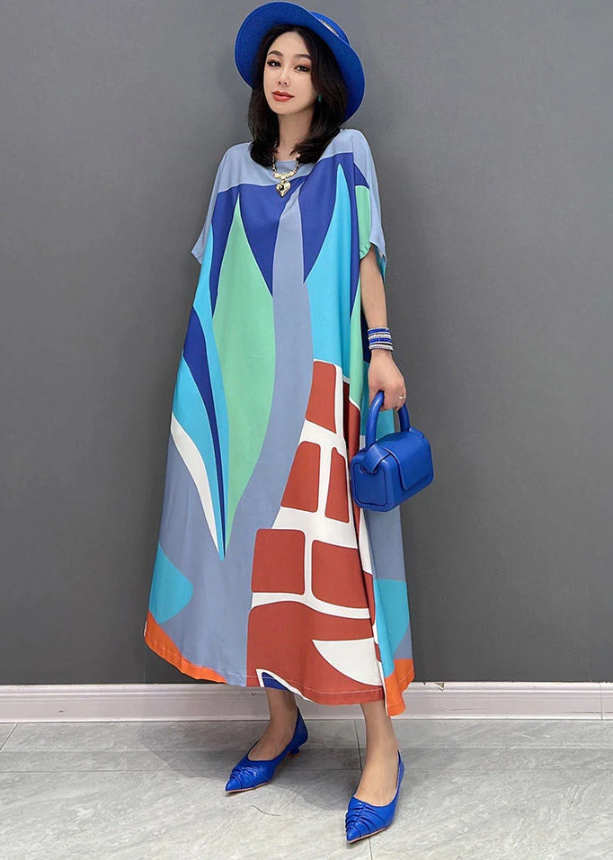 Loose Green O-Neck Print Long Dress Short Sleeve - Image 2