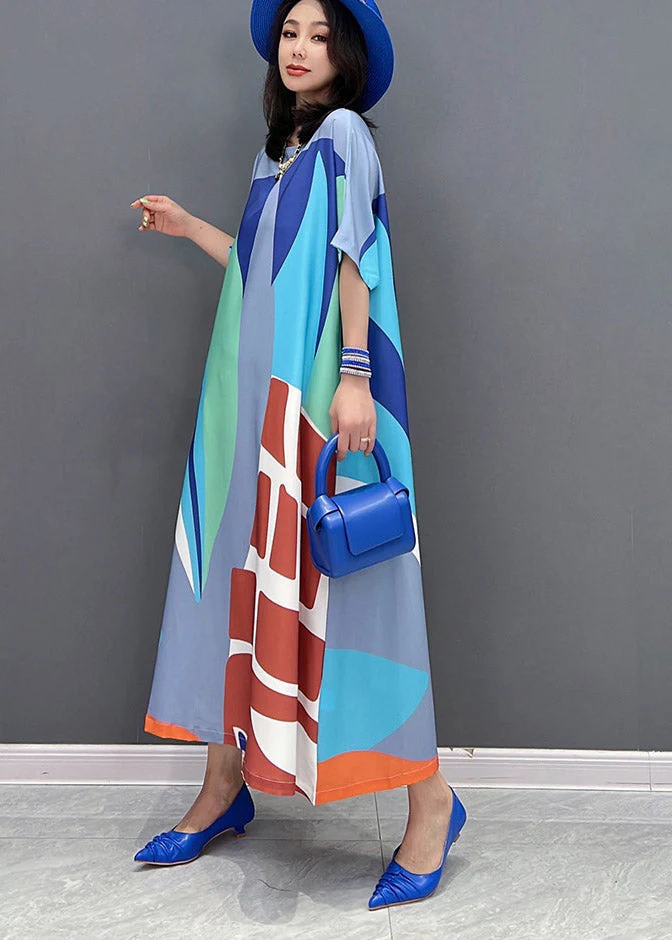 Loose Green O-Neck Print Long Dress Short Sleeve - Image 3