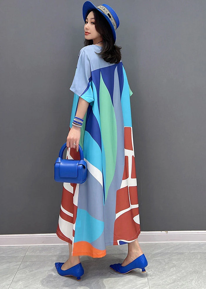 Loose Green O-Neck Print Long Dress Short Sleeve - Image 4