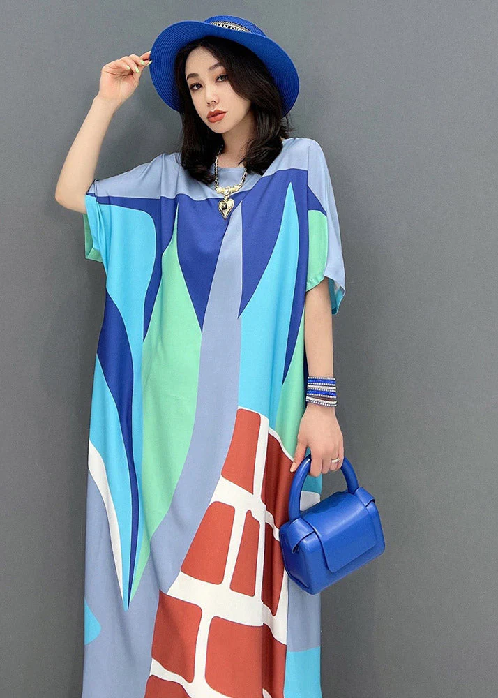 Loose Green O-Neck Print Long Dress Short Sleeve - Image 5