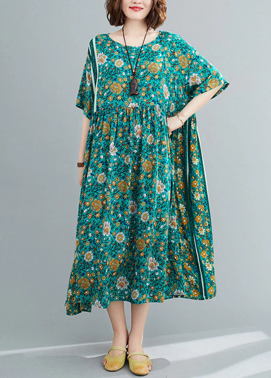 Loose Green O-Neck Print Wrinkled Long Dresses Short Sleeve - Image 2