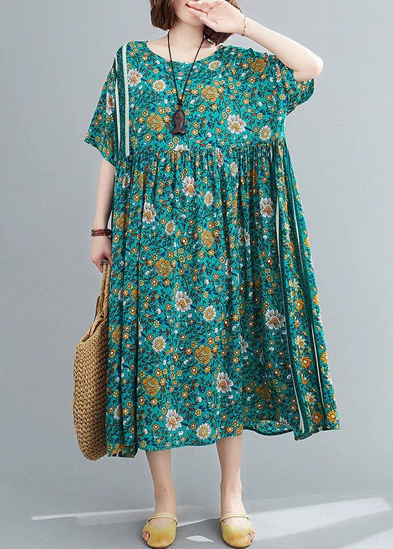 Loose Green O-Neck Print Wrinkled Long Dresses Short Sleeve - Image 3