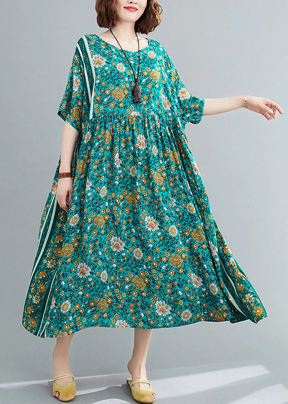 Loose Green O-Neck Print Wrinkled Long Dresses Short Sleeve - Image 4