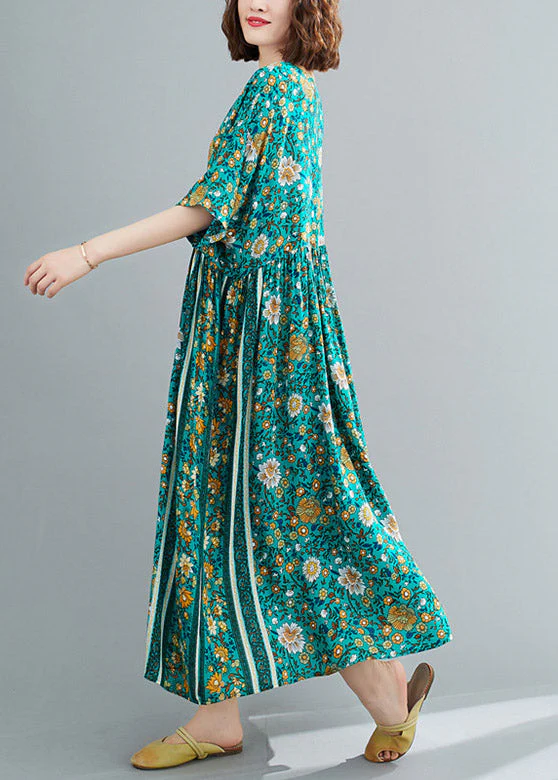 Loose Green O-Neck Print Wrinkled Long Dresses Short Sleeve - Image 5