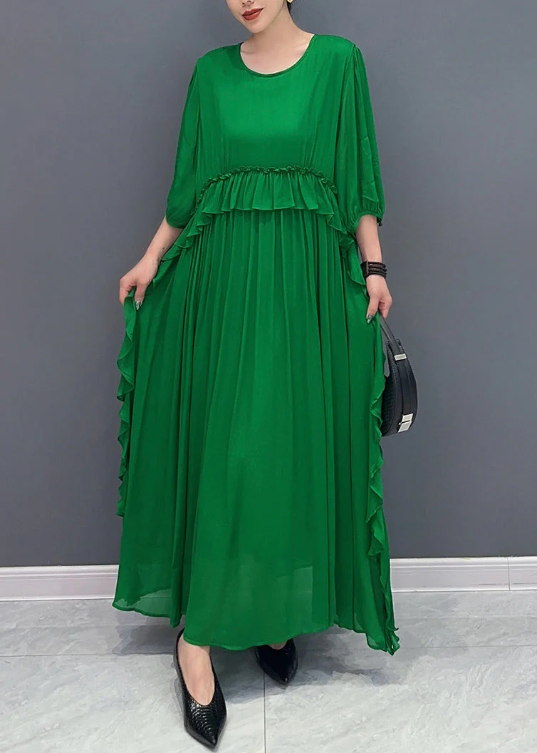 Loose Green O-Neck Ruffled Chiffon Long Dress Half Sleeve - Image 2
