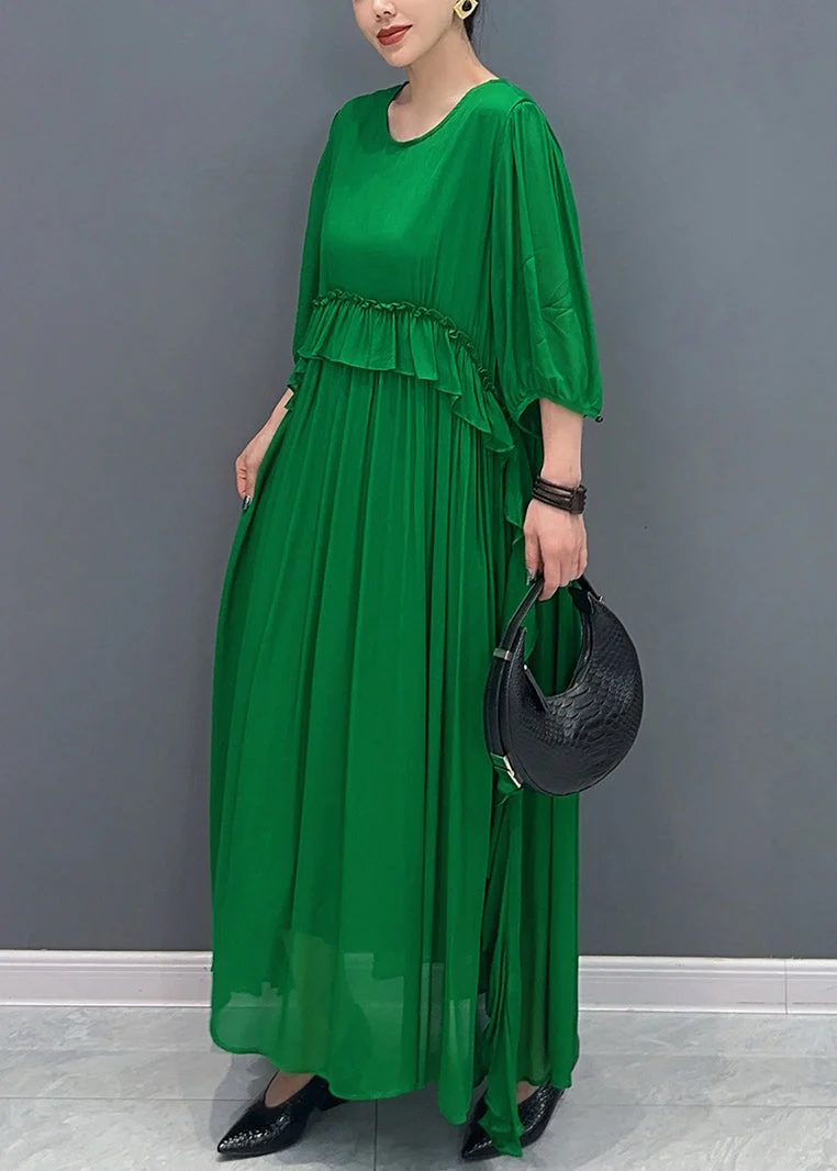 Loose Green O-Neck Ruffled Chiffon Long Dress Half Sleeve - Image 3