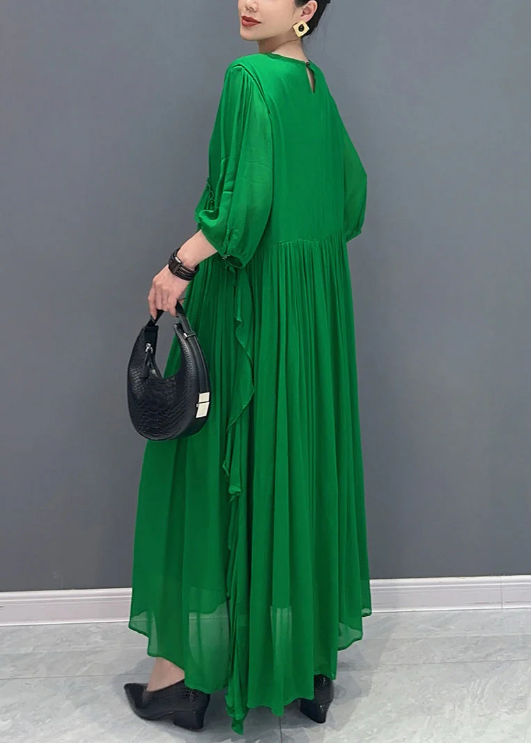 Loose Green O-Neck Ruffled Chiffon Long Dress Half Sleeve - Image 4