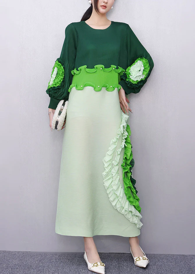 Loose Green O-Neck Ruffled Patchwork Long Dress Fall - Image 2