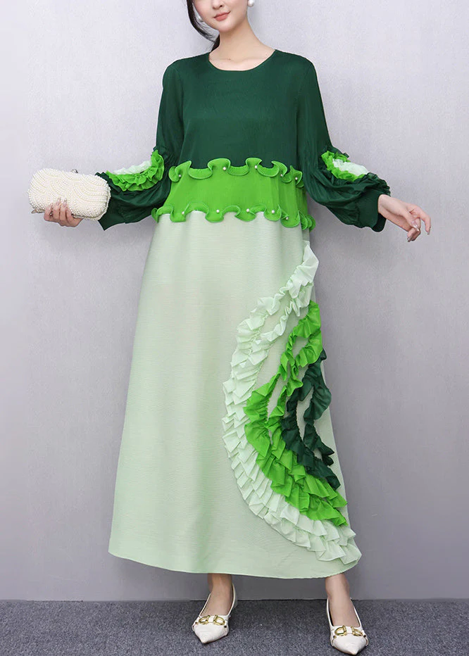Loose Green O-Neck Ruffled Patchwork Long Dress Fall - Image 3