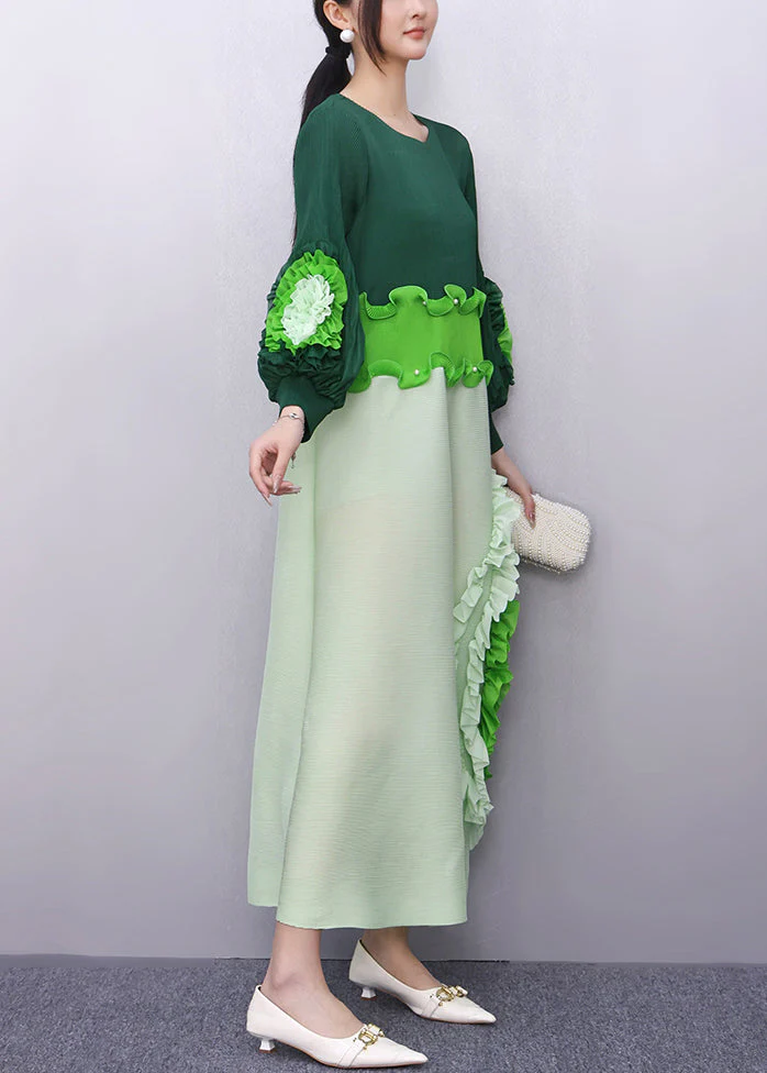 Loose Green O-Neck Ruffled Patchwork Long Dress Fall - Image 4