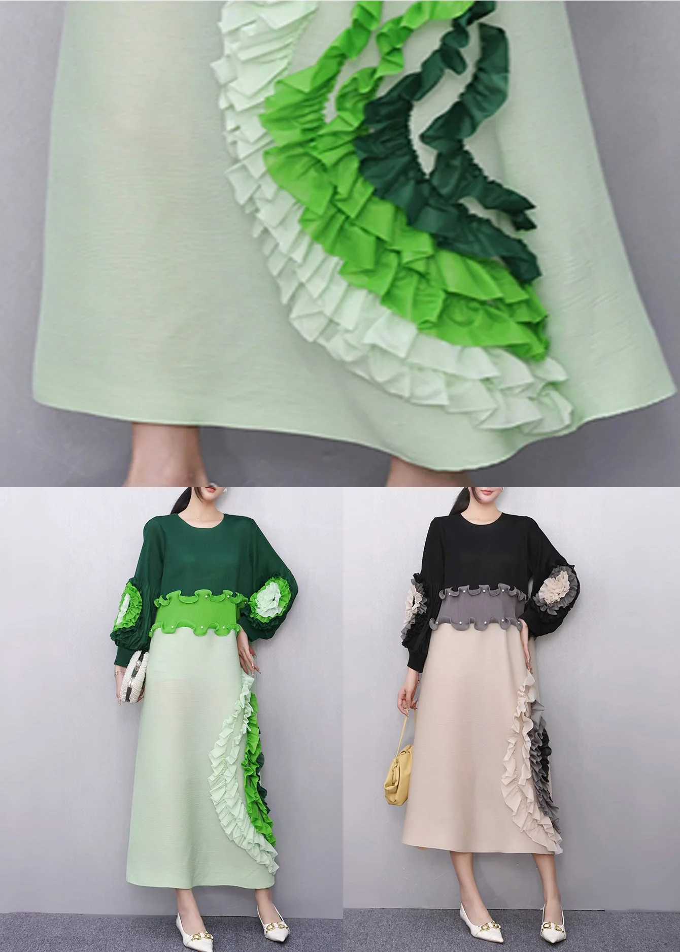 Loose Green O-Neck Ruffled Patchwork Long Dress Fall - Image 5