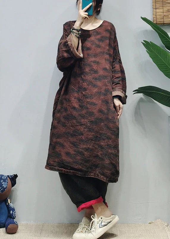 Loose Green O-Neck side open Linen Dresses Caftan Long Sleeve - Image 4