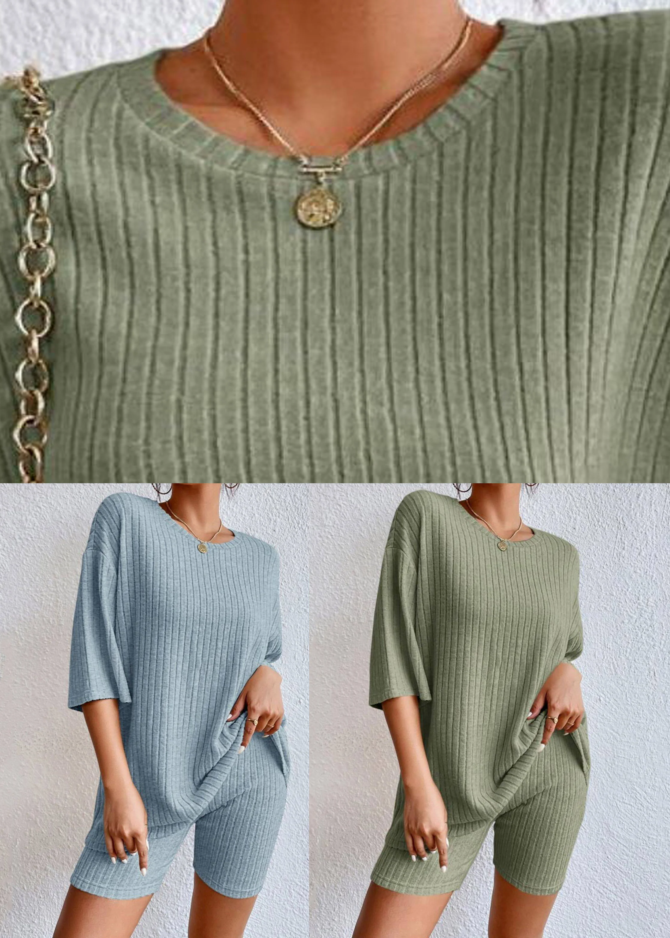 Loose Green O-Neck T Shirts And Shorts Two Piece Set Summer - Image 5