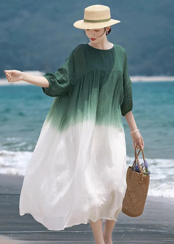Loose Green O-Neck Wrinkled Patchwork Cotton Dress Half Sleeve - Image 2