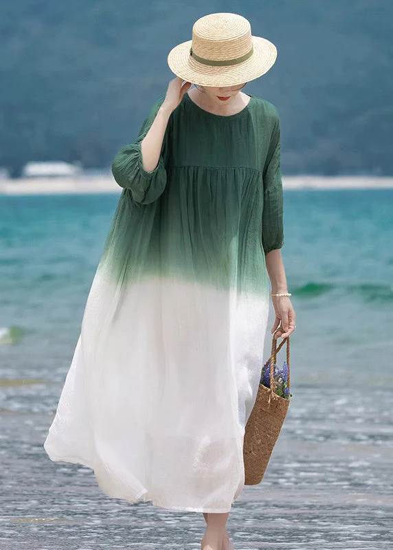 Loose Green O-Neck Wrinkled Patchwork Cotton Dress Half Sleeve - Image 3