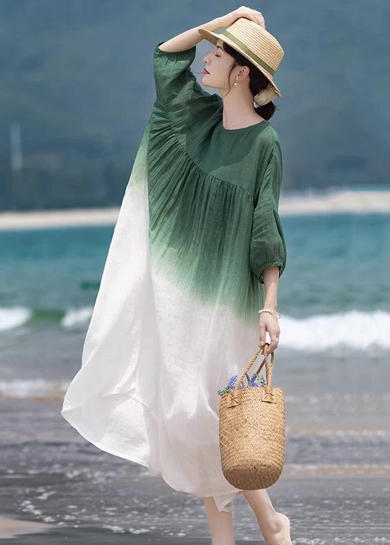 Loose Green O-Neck Wrinkled Patchwork Cotton Dress Half Sleeve - Image 4