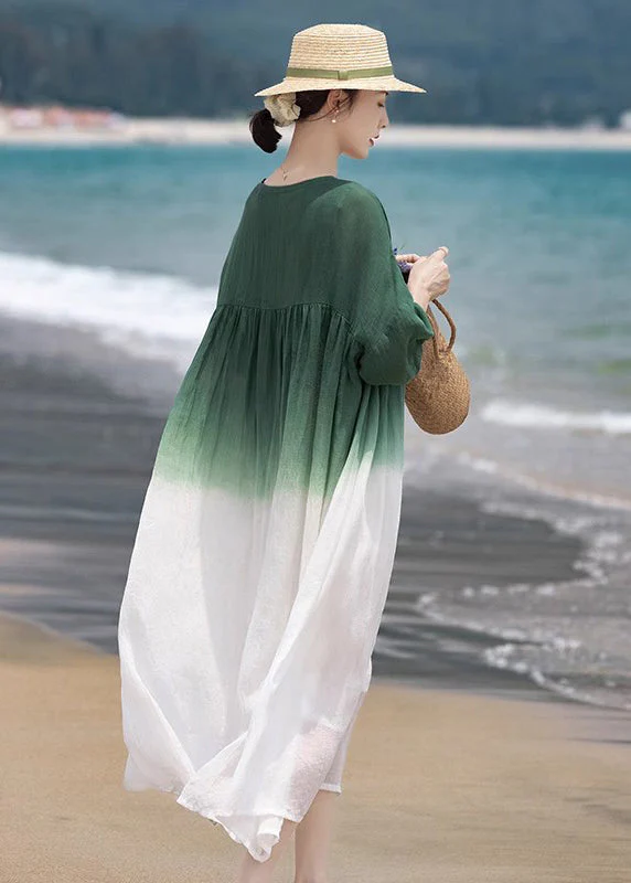 Loose Green O-Neck Wrinkled Patchwork Cotton Dress Half Sleeve - Image 5