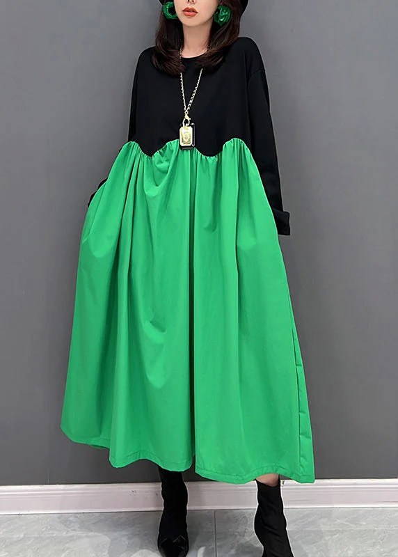 Loose Green O-Neck Wrinkled Patchwork Maxi Dresses Winter - Image 2