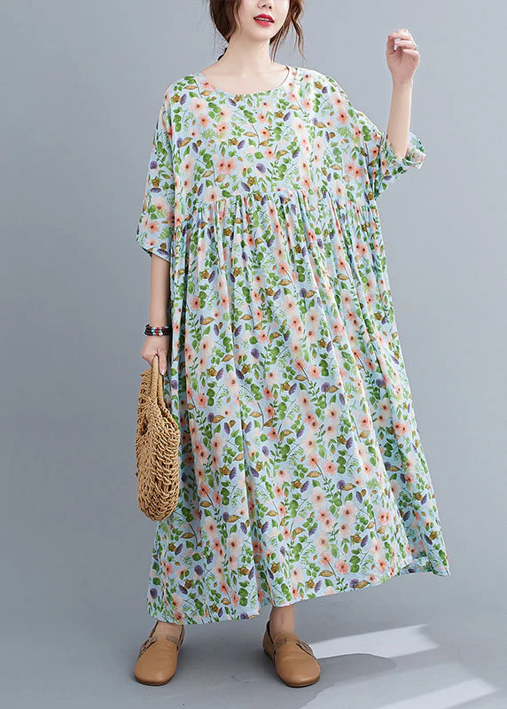 Loose Green O-Neck wrinkled Print Long Dress Short Sleeve - Image 2