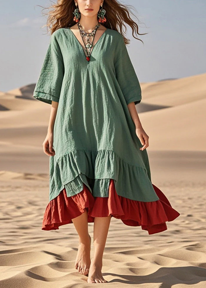 Loose Green Oversized Patchwork Cotton Maxi Dress Summer - Image 3