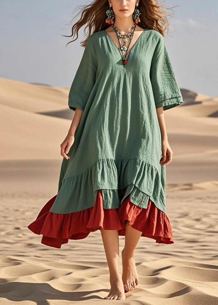 Loose Green Oversized Patchwork Cotton Maxi Dress Summer - Image 5