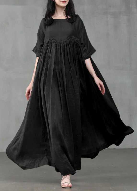 Loose Green Patchwork Wrinkled cotton blend Maxi Dress Short Sleeve - Image 2