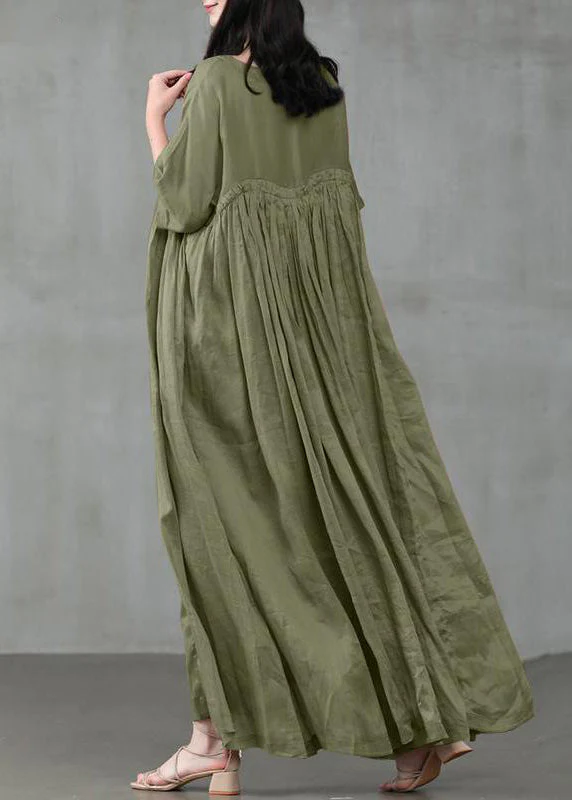 Loose Green Patchwork Wrinkled cotton blend Maxi Dress Short Sleeve - Image 3
