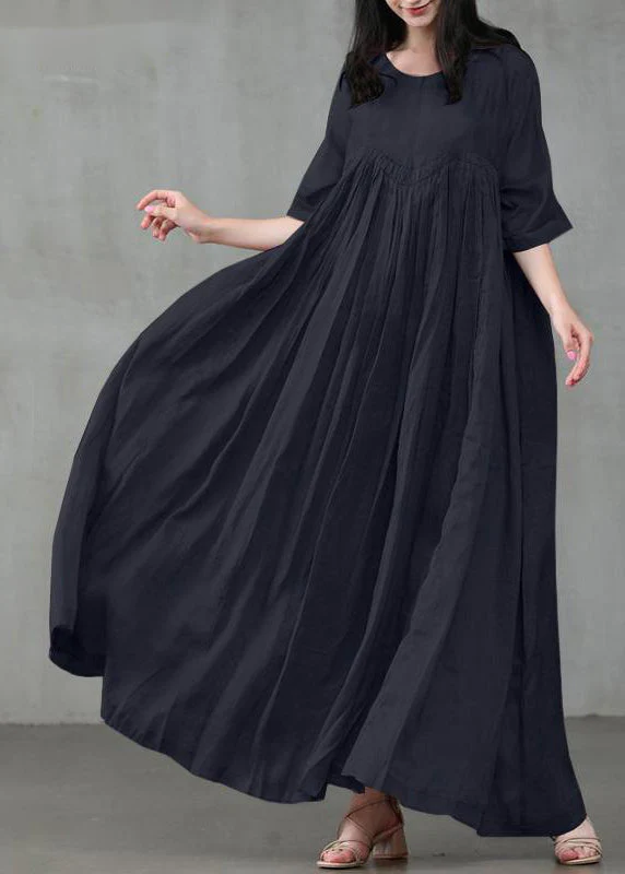 Loose Green Patchwork Wrinkled cotton blend Maxi Dress Short Sleeve - Image 4