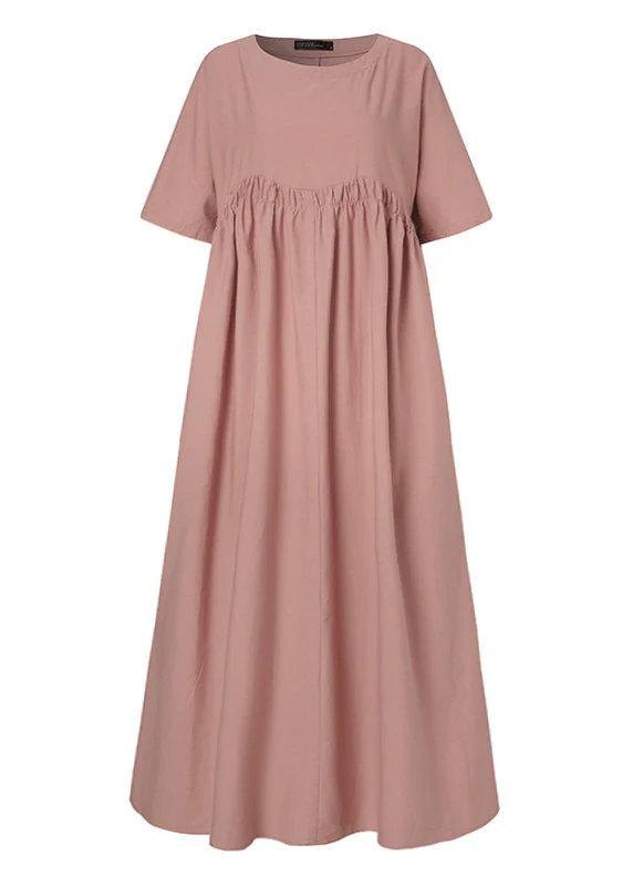 Loose Green Patchwork Wrinkled cotton blend Maxi Dress Short Sleeve - Image 5