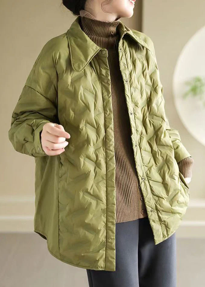 Loose Green Peter Pan Collar Button Pockets Duck Down Shirts Coat Spring - Image 4