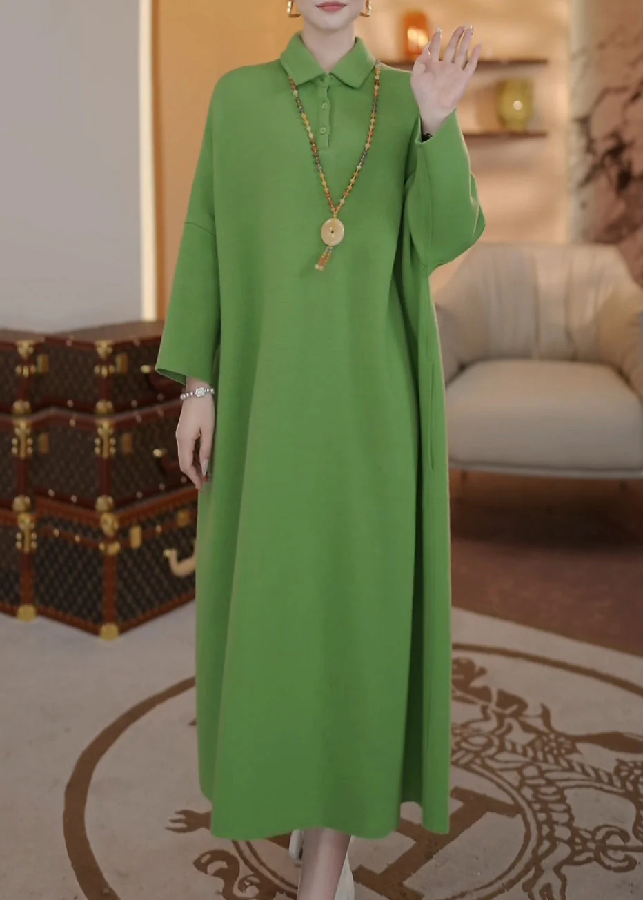 Loose Green Peter Pan Collar Button Thick Long Dresses Spring - Image 2