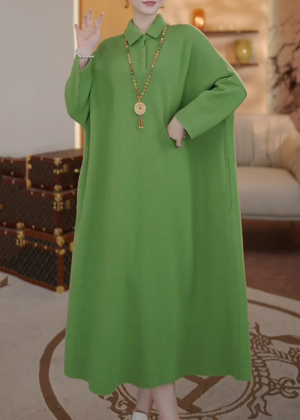Loose Green Peter Pan Collar Button Thick Long Dresses Spring - Image 3