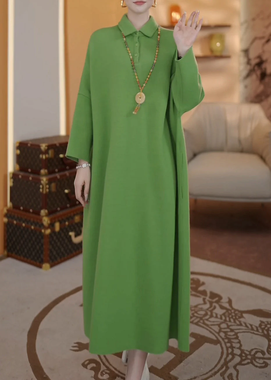 Loose Green Peter Pan Collar Button Thick Long Dresses Spring - Image 4