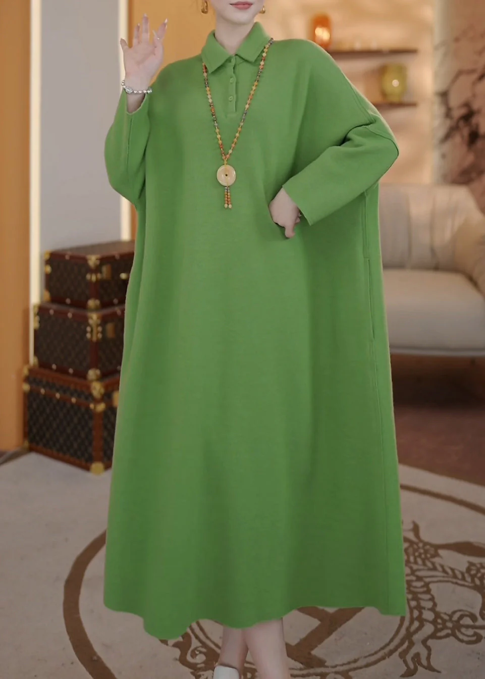 Loose Green Peter Pan Collar Button Thick Long Dresses Spring - Image 5